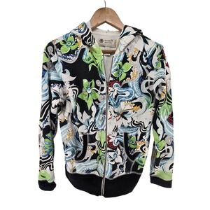 One World Abstract Print Long Sleeve Womans Hoodie Jacket Size Large Cotton